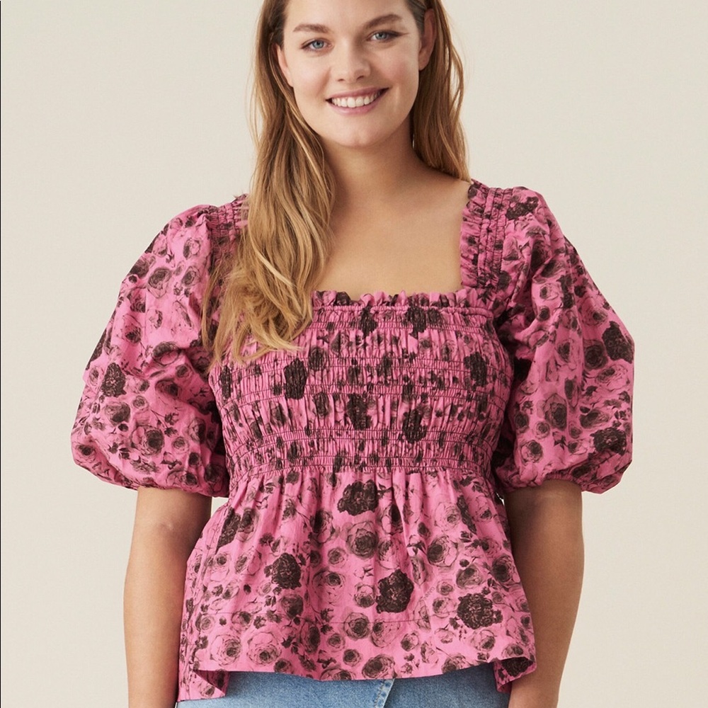 NWT GANNI Organic Cotton Poplin Shirred Blouse Size 38